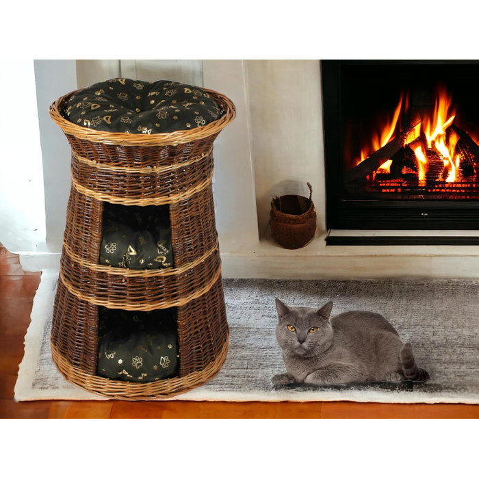 Корзина для котів для сну – котяча хатинка для дому – розмір 43 x 49 x 70 см, кругла – котяча хатинка з лози, трирівневе ліжко для собак або котів з пральним подушками в бежевому кольорі – лакована корзина (подушка темно-коричнева)