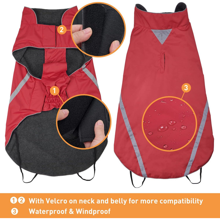 Водонепроникний собачий дощовик/куртка з отвором для коміра, на липучках, з флісовою підкладкою, світловідбиваючий зимовий дощовик для середніх та великих собак, 4XL (4XL (1 шт), Червоний)