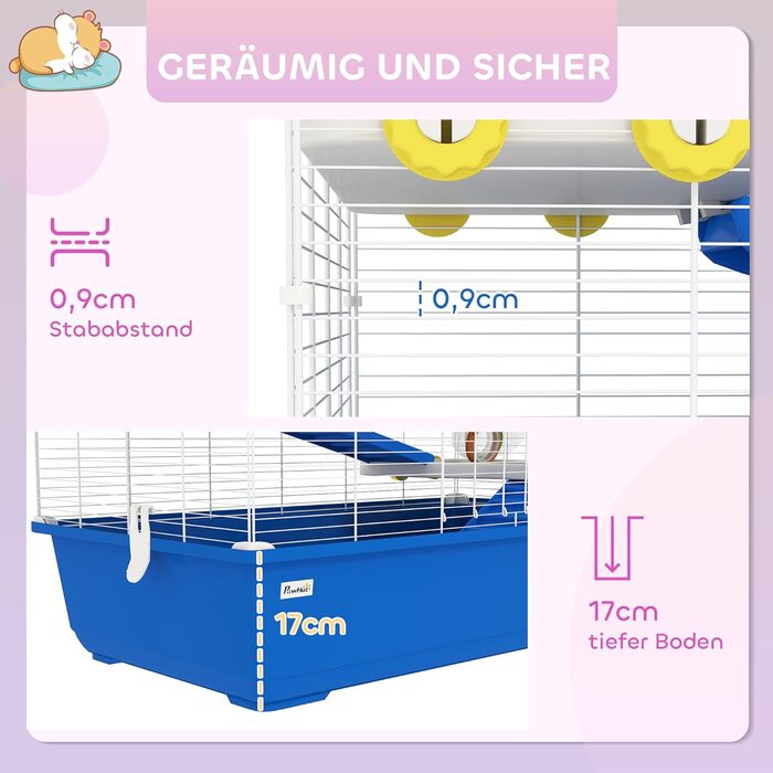 Клітка для хом'яків PawHut 4-ярусна, для дрібних тварин, з аксесуарами (лабіринт, годівниця), блакитна, 78 x 45 x 73 см