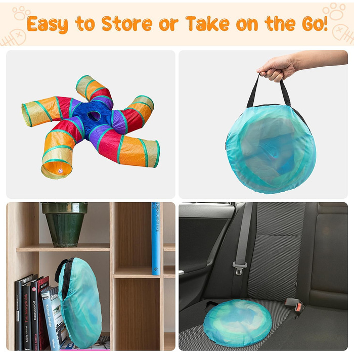 Туннель для котів Depets, великий 5-ти ходовий ігровий тунель-труба зі штандером, S-подібний складний тунель з інтерактивним віконцем, ідеальний для занять в приміщенні для кошенят