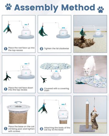 Інтерактивна іграшка для котів HAPPY HACHI 3 в 1: автоматична іграшка з пір'ям, USB-зарядка, комплект аксесуарів, блакитний колір