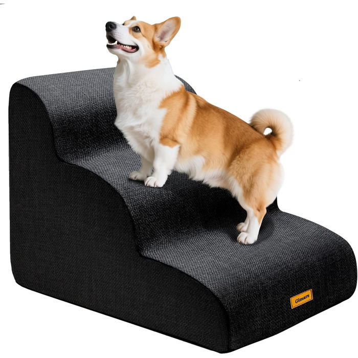 Сходинка для собак Gimars з 3 ступенями, 40 см, з високощільним пінополіуретаном, широка та стійка, знімний та пральний чохол, неслизьке дно, портативна рамка для маленьких собак до дивану, ліжка, авто, чорна