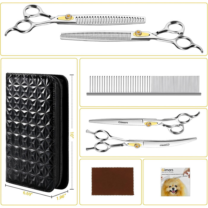 Професійна доглядацька ножиця для собак Gimars 8 дюймів (20.3 см) з нержавіючої сталі 440C, 6-в-1, ергономічна, для собак та котів, золота