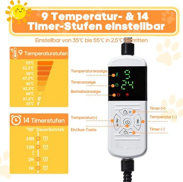 Електричний килимок для тварин 45x70 см - нагрівальний килимок для собак та котів з 9 температурними режимами (35–55℃) та таймером, бісостійкий кабель 1.8 м, 2 знімні чохли
