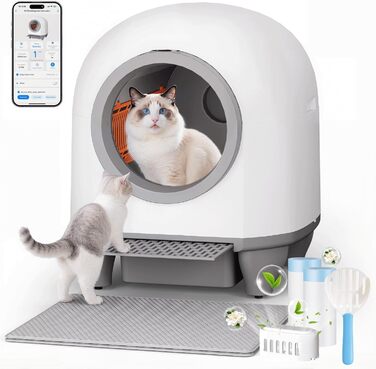 Автоматичний лоток для котів TRIUMPHKEY 90L з самоочищенням, XXL, керування через додаток, моніторинг здоров'я, подвійне дезодорування, з килимком та ароматизатором, для кількох котів
