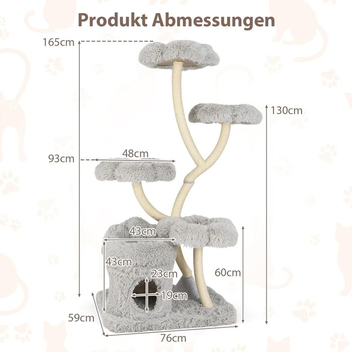 Дерев'яна кігтеточка для котів COSTWAY 165 см з 4 лежаками, будиночком та сизалевими стовпчиками, велика, з металевим каркасом, сіра