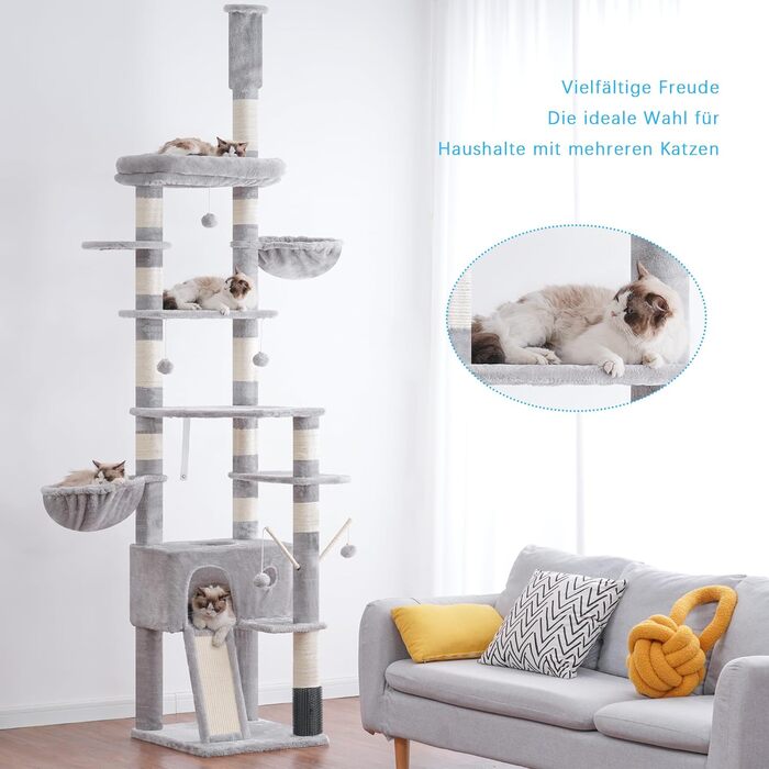 Котячий будиночок Hey-brother Kratzbaum: регульований котячий комплекс 250-280 см, до стелі, для великих котів, з гніздом, сірий, 0MPJ091W