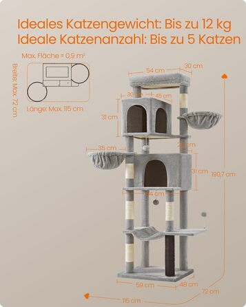 Великий багатоярусний котячий комплекс Feandrea 190,7 см, XXL, з 2 будиночками, 2 лежаками, 5 стовпчиками для дряпання, котячою щіткою, великою платформою, сірий