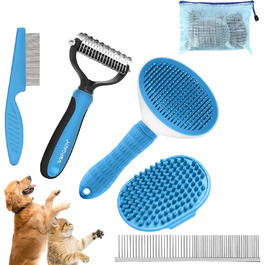 Набір щіток для собак, 5 шт., для грумінгу, самоочищувані, для великих та середніх собак, котів та дрібних тварин, для довгої та короткої шерсті, зменшує випадання шерсті, блакитний
