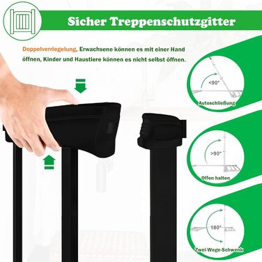 Захист для воріт SUBTLETY з дверцями для котів, автоматичне закриття, захист для сходів, захист для собак та дітей без свердління, розширюваний, чорний (75-85 см)