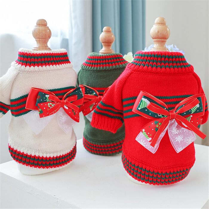 Пуловер для тварин на Різдво, для котів та собак, в'язаний пуловер з бантиком, для холодної погоди, цуценята, 2 ноги, в'язані вироби для котів, цуценят, маленьких собак, розмір XS (зелений), зелений (XL: обхват грудей: 54 см/21.2 дюйми, червоний)