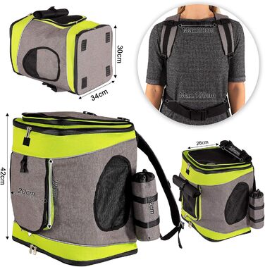 Сумка-рюкзак для кота Lionto, сіро-зелений, 34x30x42 см, водонепроникна, з кишенею для пляшки та подушкою, до 10 кг