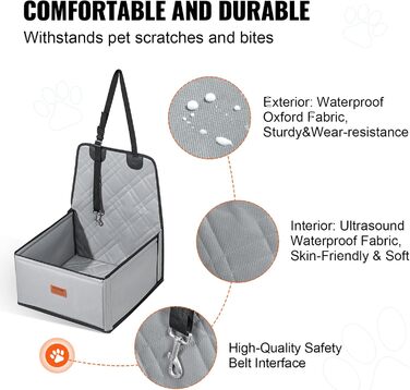 Автокрісло для собак VEVOR, сіре, до 12 кг, з підтримуючою рамою та страхувальним ременем
