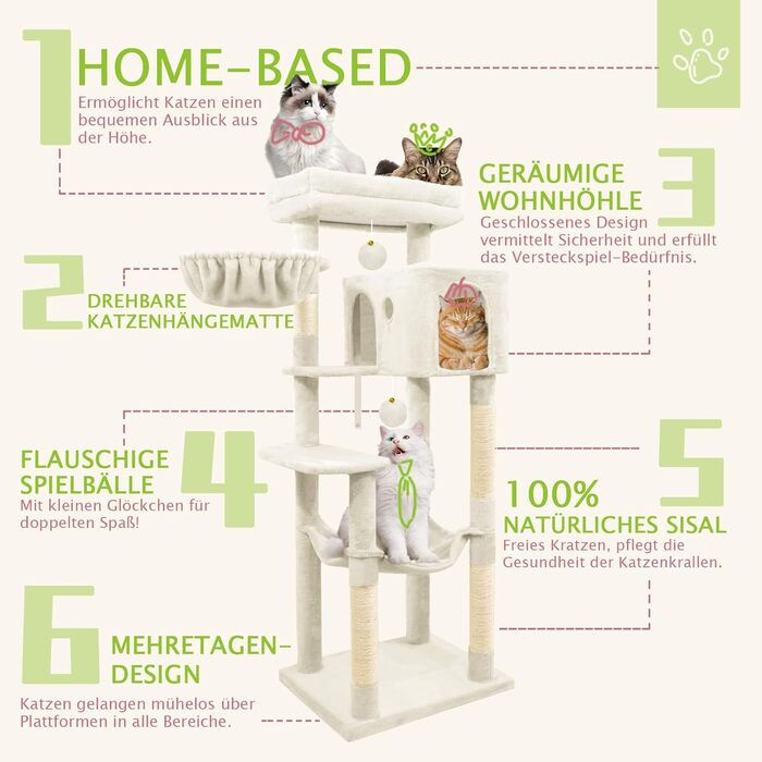 Дерев'яна кігтеточка для котів LEEJARD XXL, 148 см, з платформами, будиночком, гамаком, іграшками та захистом від перекидання, бежева