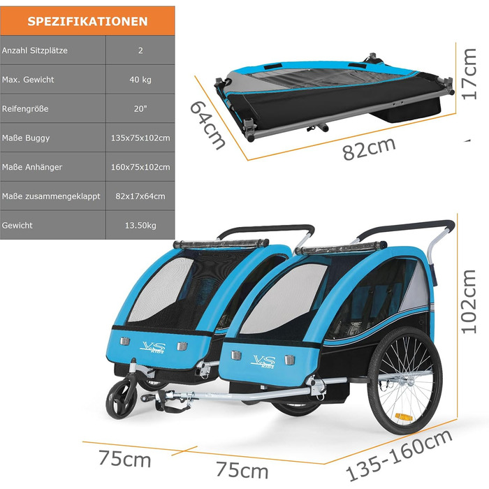 Дитячий причіп Tiggo VS 2 в 1 для велосипеда з функцією коляски та бегуном, блакитний