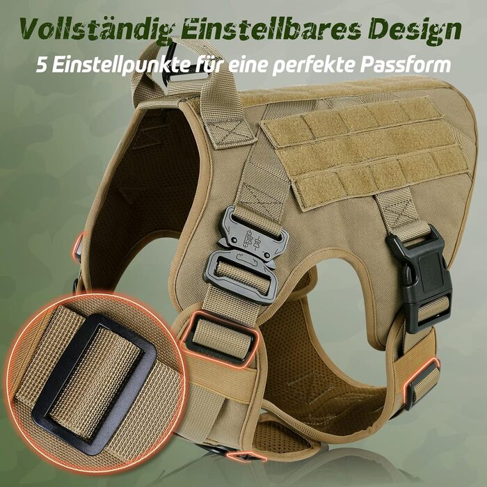 Шлейка для собак Rabbitgoo великих порід, без натягу, тактична з MOLLE, металеві пряжки, дихаюча, військова, регульована, з підкладкою, L (XL, 1 шт.), коричнева