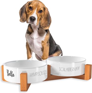 Миска для собак OWLBOOK з гравіюванням імені, керамічна миска для корму та води з бамбуковим підставкою, 300 мл