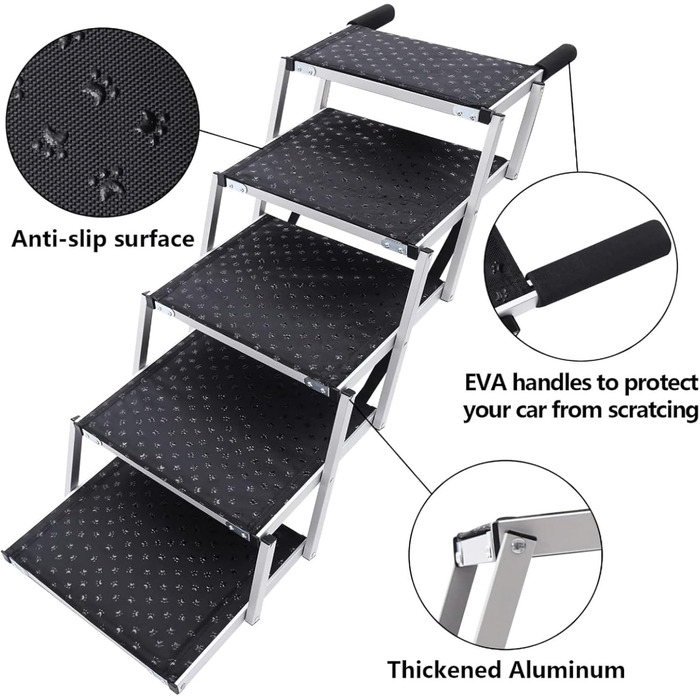 Складні сходи для собак з алюмінію, 5 сходин, вантажопідйомність 80 кг, антиковзне покриття, для автомобілів та SUV, чорний колір