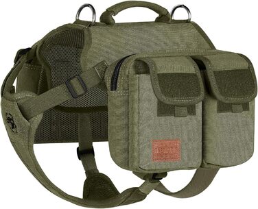 Шлейка для собак OneTigris з рюкзаком Hoppy Camper 3.0, зелена, для середніх та великих собак. Рюкзак для собак з 2 основними та 4 додатковими кишенями