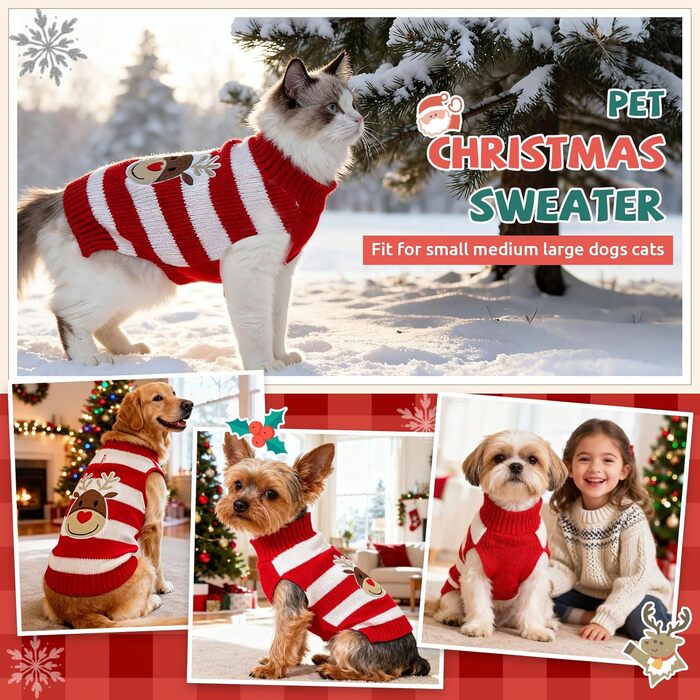 Пуловер для собак на Новий рік, теплий, м'який, осінньо-зимовий, з високим коміром, в'язаний, одяг для цуценят, милий олень, червоний, светри для собак, святковий, з короткими рукавами, (XXS (1-3 lbs), червоний/білий)