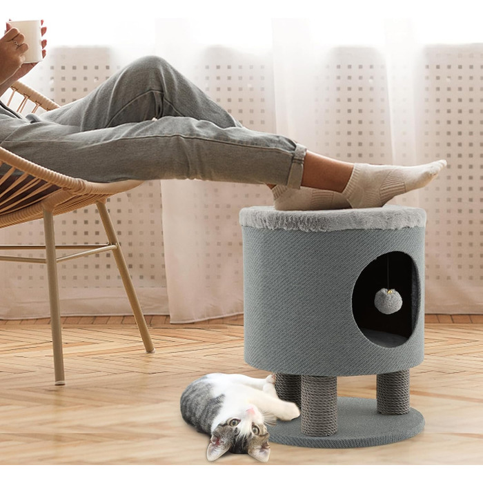 Драбина-кіготник для котів COSTWAY з будиночком та м'яким сидінням, сірий, 40x40x47 см