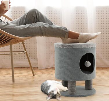 Драбина-кіготник для котів COSTWAY з будиночком та м'яким сидінням, сірий, 40x40x47 см