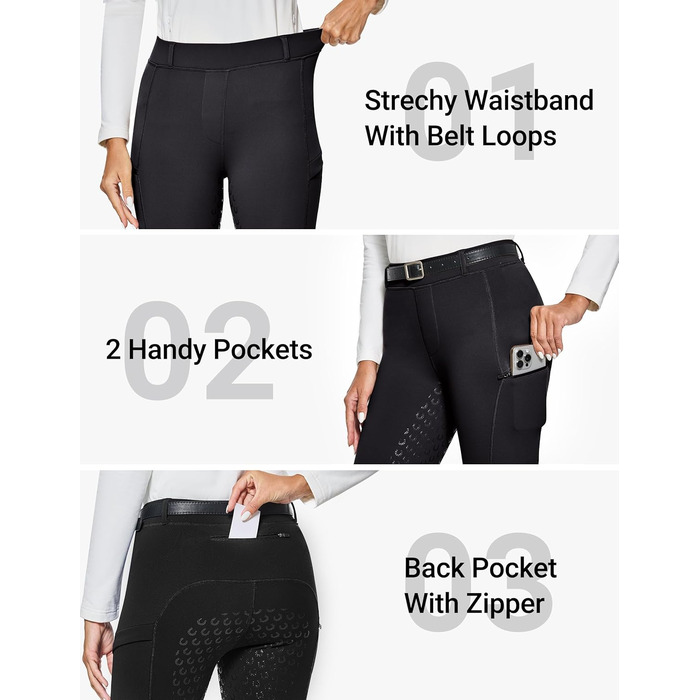 Легінси для верхової їзди жіночі зимові FitsT4 з флісу, силіконовий повний сидіння, з блискавкою та петлями для ременя, чорні, розмір M