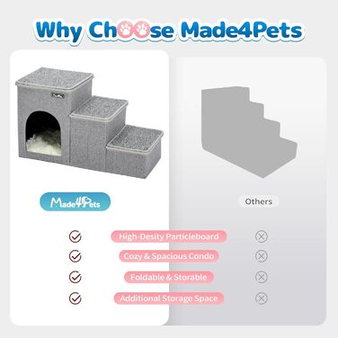 Сходи для собак Made4Pets 3 ступені, складані, для ліжка та дивана, для маленьких собак і котів, з функцією зберігання, домашні аксесуари