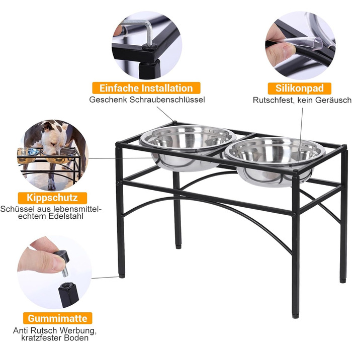 Підставка для мисок для собак TEKEPL - 2 миски з нержавіючої сталі, стійка, антиковзаюча, для води та корму (M)
