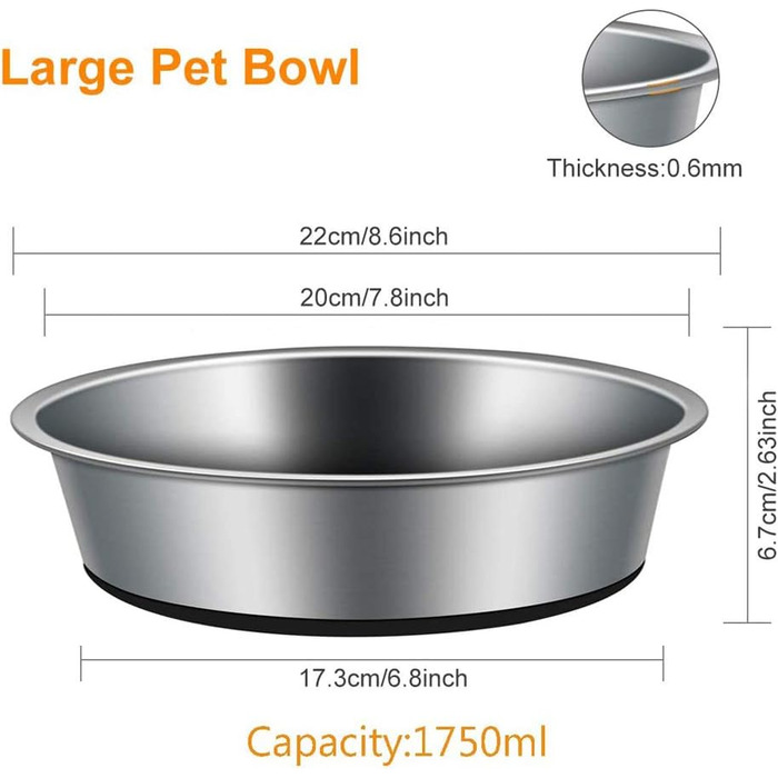 Миска для собак та котів Mery Home 2 шт. по 1750 мл, нержавіюча сталь, велика, з протиковзким дном, срізно-чорна