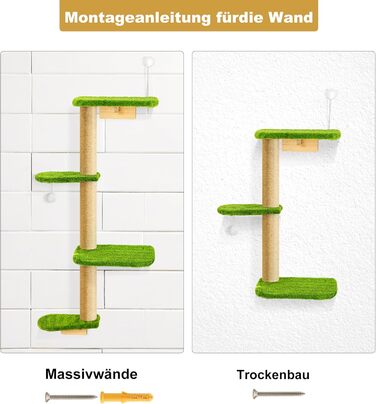 Кліматична стіна для котів Kratzbaum 125 см: 4 яруси, натуральне дерево, міцний фетр, зелений колір