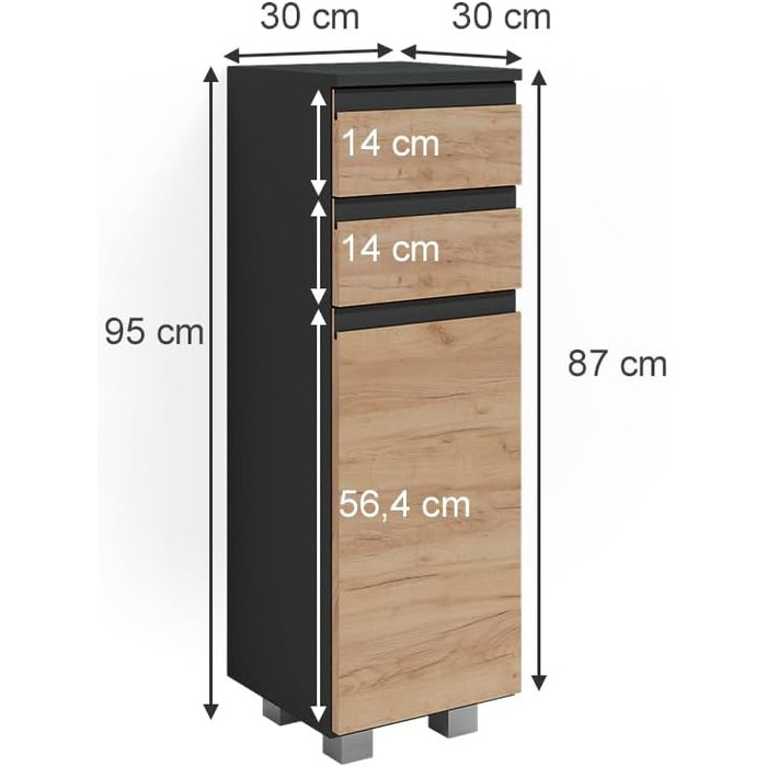 Шафа для ванної Vicco J-Shape, антрацит/дуб, 30x95 см