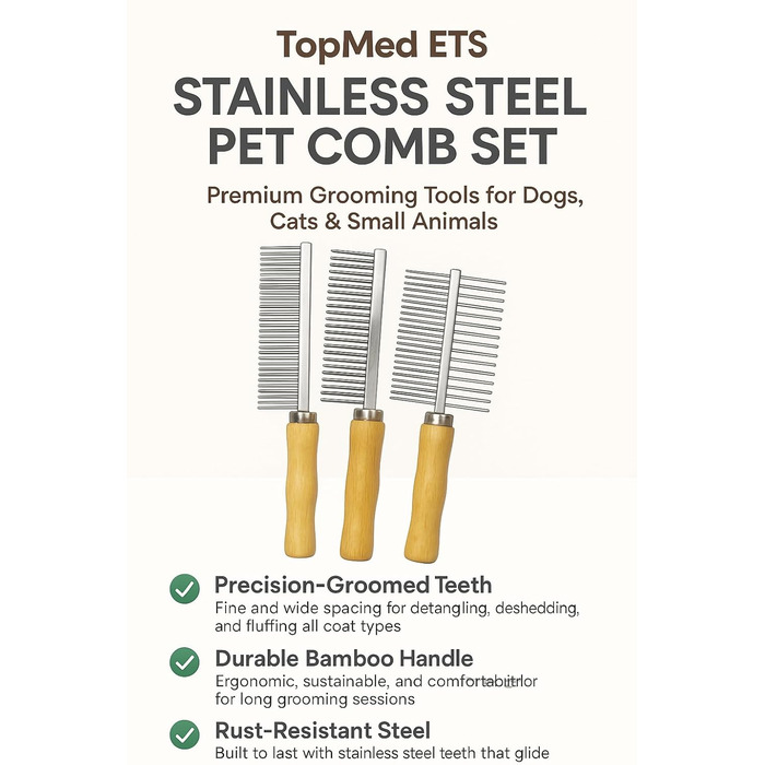 Набір для грумінгу TopMed ETS: 3 нержавіючі гребені, бамбукова ручка, для собак, котів та інших тварин