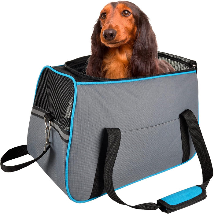 Сумка для собак Леона сіра – 44x24x29 см – поліестер, світловідбиваючий, знімний дно, страховка, ручки, ремінь на плече, легка у догляді