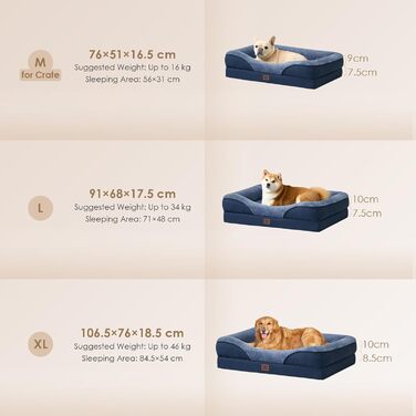 Ортопедичне ліжко для собак середніх порід, 91x68x17.5 см, з Memory Foam, миється та водонепроникне, кошик для собак з 4 бортиками, диванчик для собак, антиковзаюче, (106 x 76 x 18.5 см, Морська синя)