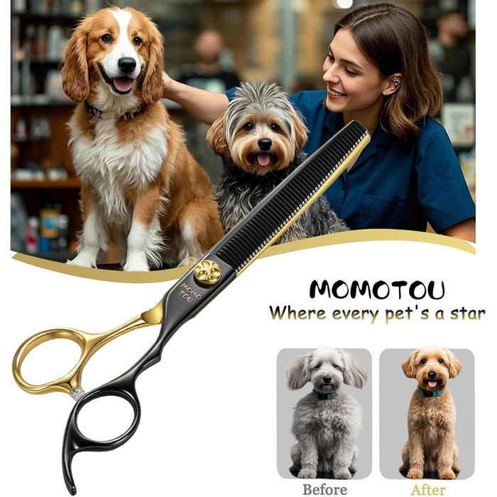 Професійна вигнута ножиці для грумінгу собак, 19.1 см, 440C сталь, чорний та золотий, з декоративним гвинтом