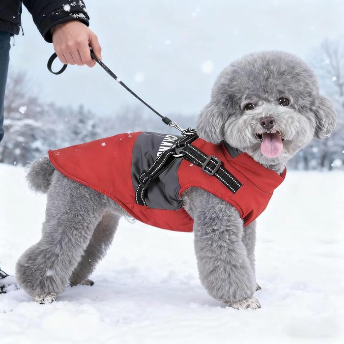 Тепла зимова куртка для собак середніх та маленьких порід, вітронепроникна, з шлейкою, для активного відпочинку та катання на лижах (червона, розмір S)