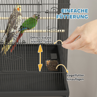 PawHut Birdcage Велика клітка для папуги з піддоном, лоток, станція для годування, шпаківня з коліщатками для канарок, сталь 63 x 53 x 144 см Чорний | Аосом