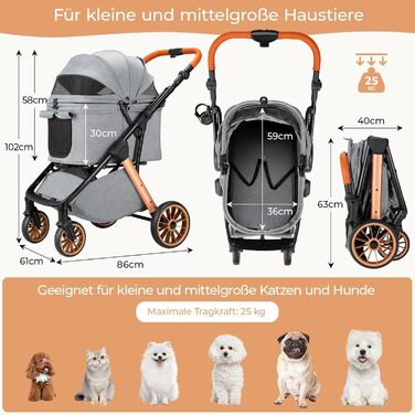 Візок для собак та котів MAMIZO One-Touch, до 25 кг, сірий. Алюмінієвий каркас, регульована ручка, тримач для напоїв, поворотні колеса