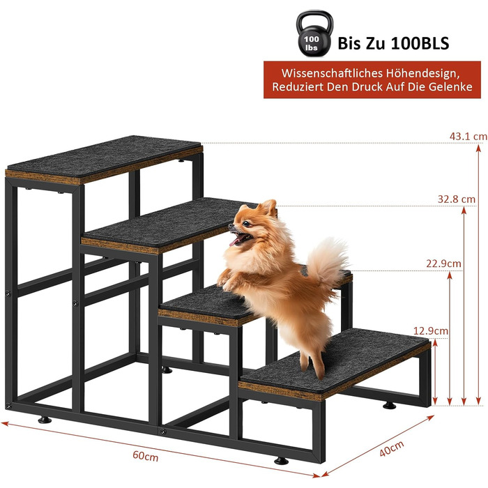 Смусей Сходинки для домашніх тварин: собачі та котячі, 4 сходинки, стабільна конструкція з дерева та металу, протиковзке покриття, для диванів, ліжок, балконів, 60x40x43 см, коричневий