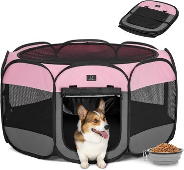 Клітка-вольєр для собак великих порід на 4 собак, портативна з водонепроникним дном та блискавкою, для дому та вулиці, з мискою, темно-сіра та рожева (M з мискою, темно-сіра + рожева)