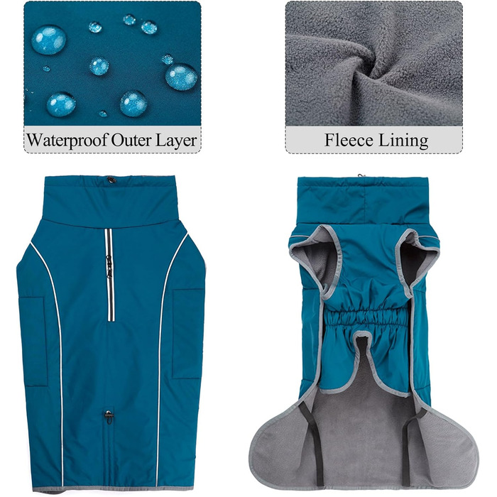 Теплий непромокальний зимовий пуловер для собак - флісова куртка з блискавкою, відбивачі, для прогулянок (M, блакитний)
