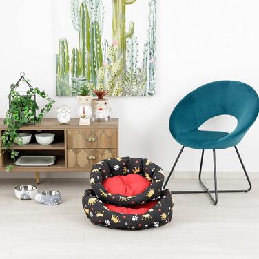 Baroni: М'яке кругле ліжко для собак та котів, 45x55 см, червоно-чорне з коронами, для дому, миття