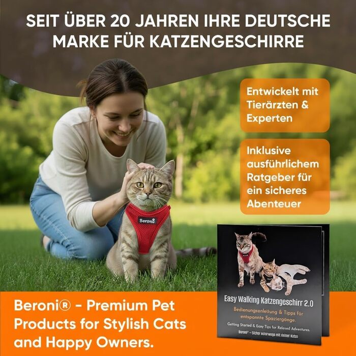 Шлейка для котів Beroni® з повідцем, анти-втеча, регульована, для великих та малих котів, для балкону та саду (Червона, M)
