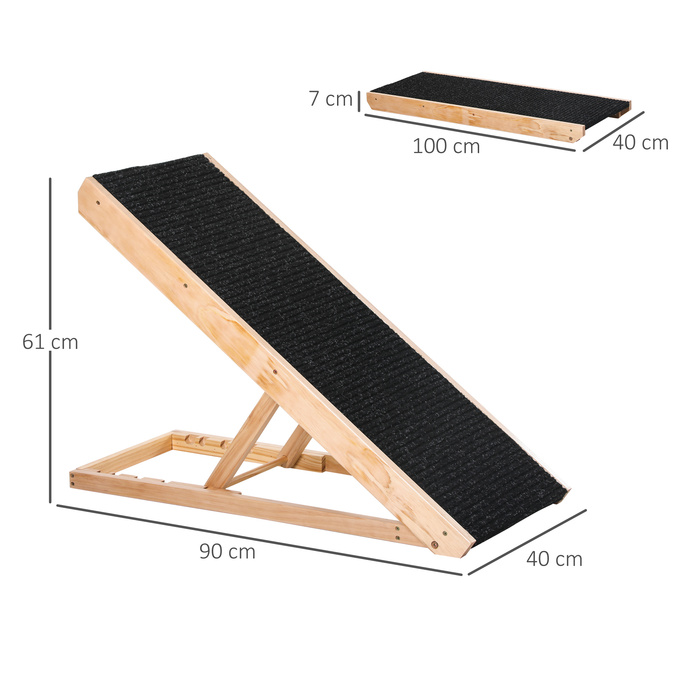 PawHut Pet Ramp Регульований пандус для собак з нековзним килимом з соснового дерева та поліестеру 90x40x61см для собак та котів