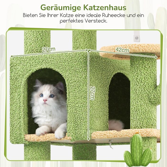 Комплекс для котів Globlazer Kratzbaum 165 см для великих котів: будиночок, платформа 48x42 см, гамак, стовпчики, стійкий, зелений