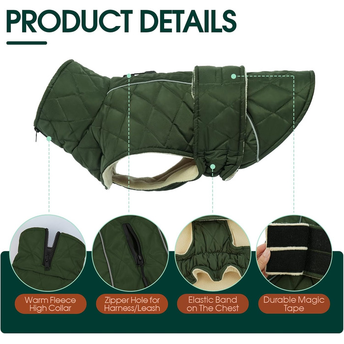 Зимова куртка для собак Kuoser, великих та середніх порід, водонепроникна, тепла, з флісовою підкладкою та регульованим капюшоном (S, Зелений)