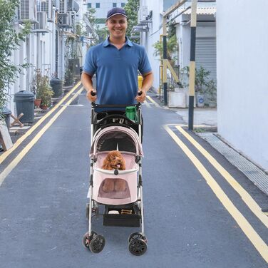 Візок для собак та котів, розкладний, до 12 кг, з кошиком та страхувальним тросом (Sakura-Rosa)