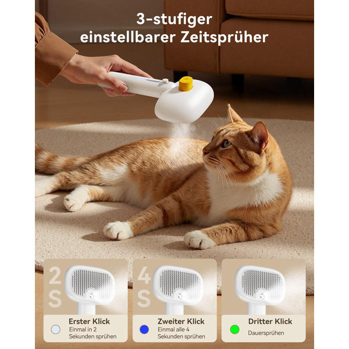 Щітка для котів ROJECO з парою, багатофункціональна, 3-в-1 проти підшерстка та ковтунів, 3 режими розпилення, самоочищення, для довгошерстих та короткошерстих котів та собак, білий колір