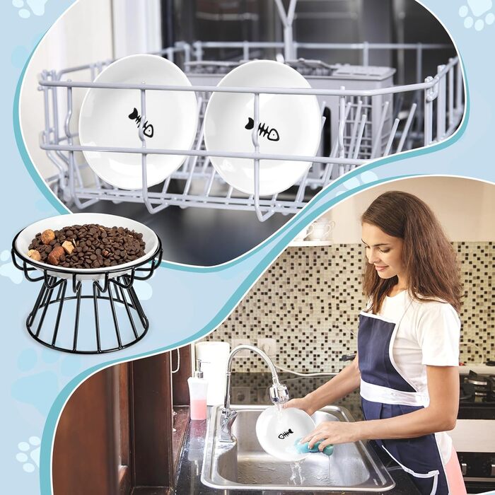 Набір мисок для котів Roshtia з кераміки на металевому підставці, 4 шт. (Чорний, візерунок 